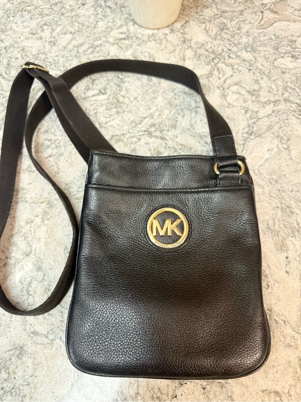 Michael Kors Black Leather Crossbody with Gold MK Medallion